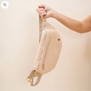 Woven Faux Leather Crossbody Belt Bag in Cream